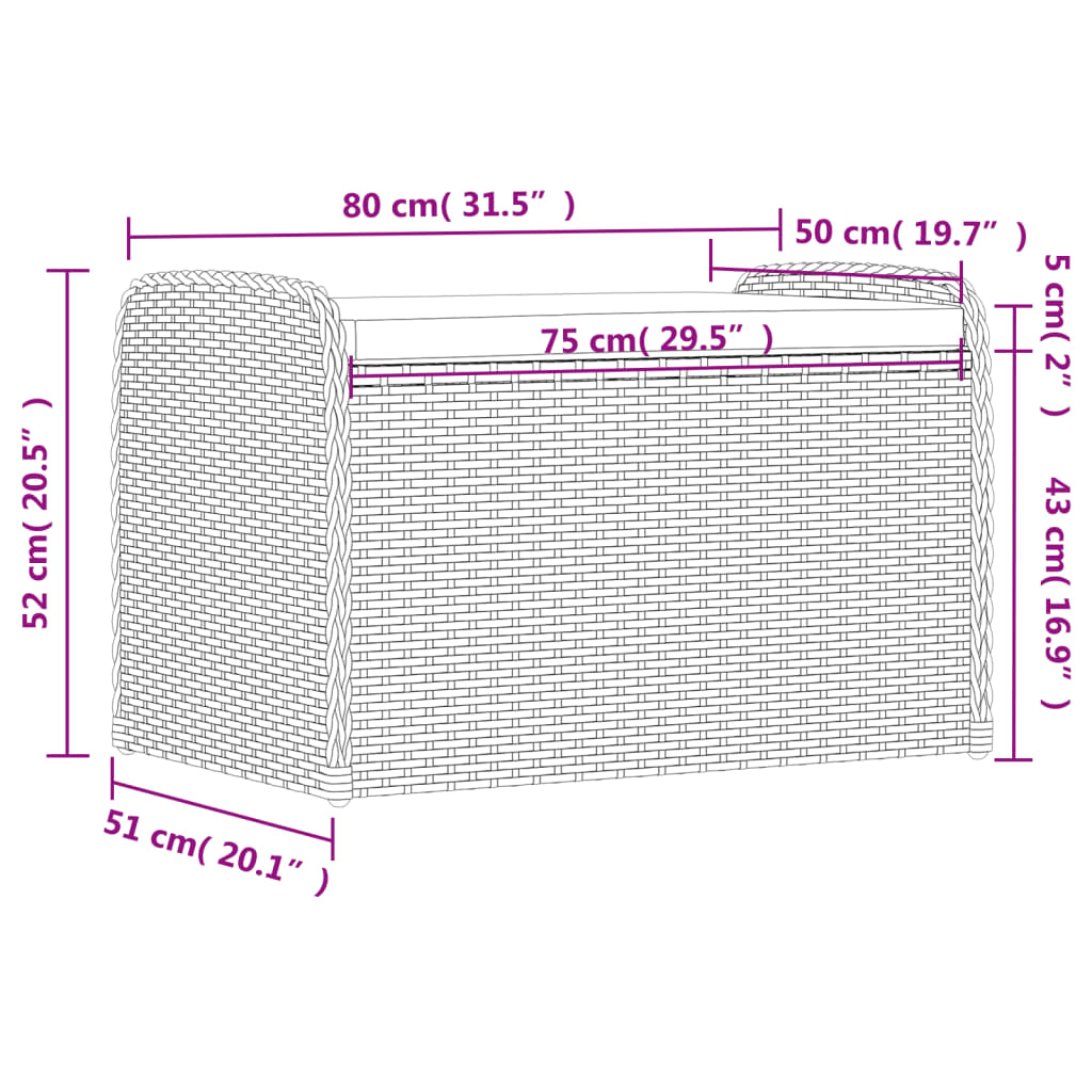 Banc avec rangement &amp; coussins gris 80x51x52 cm poly rotin