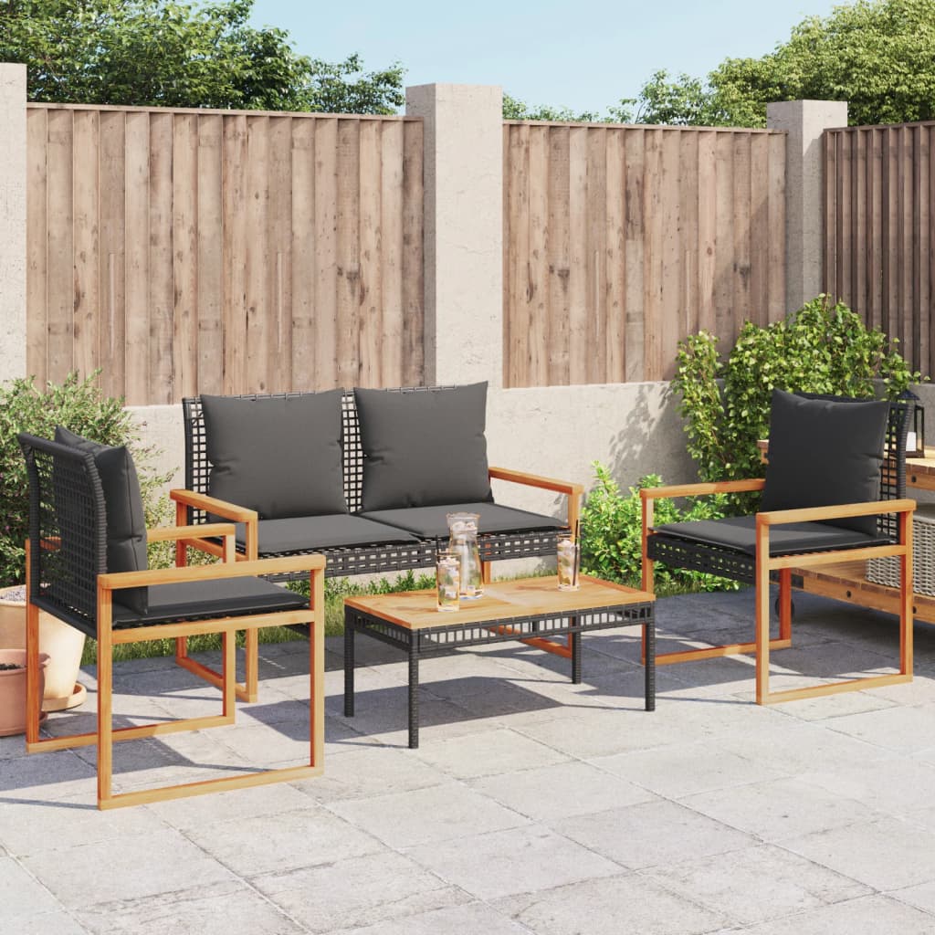 4-tlg. Garten-Lounge-Set mit Kissen Schwarz Poly Rattan