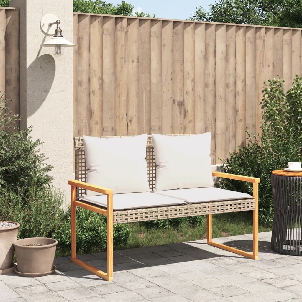 Banc de jardin avec coussin en polyrotin beige et bois d'acacia