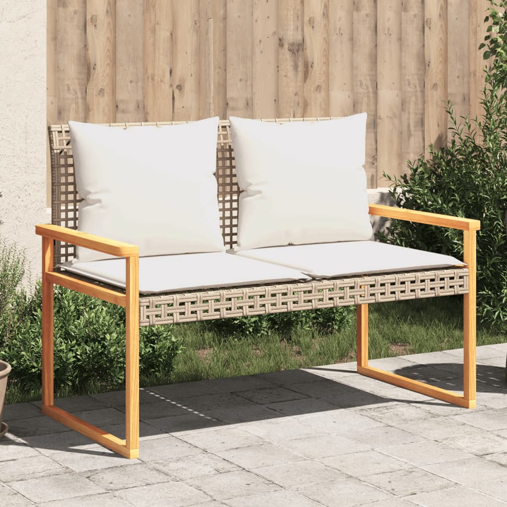 Banc de jardin avec coussin en polyrotin beige et bois d'acacia