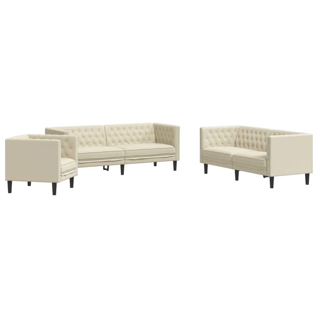 3-tlg. Chesterfield-Sofa-Set Creme Kunstleder