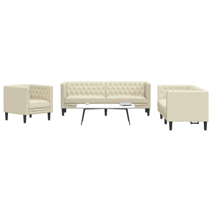 3-tlg. Chesterfield-Sofa-Set Creme Kunstleder