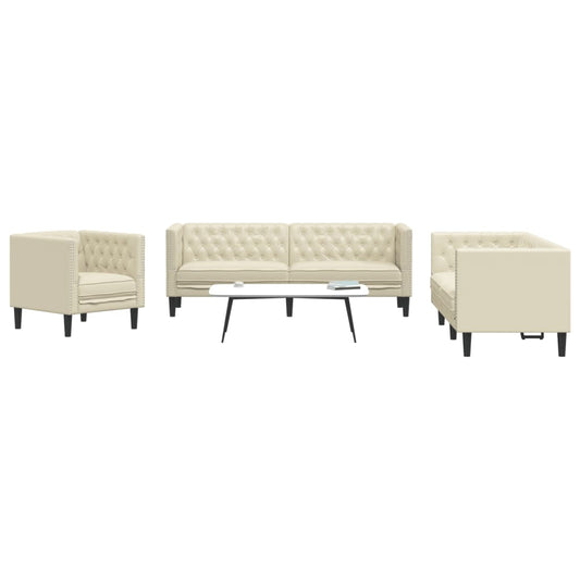 3-tlg. Chesterfield-Sofa-Set Creme Kunstleder