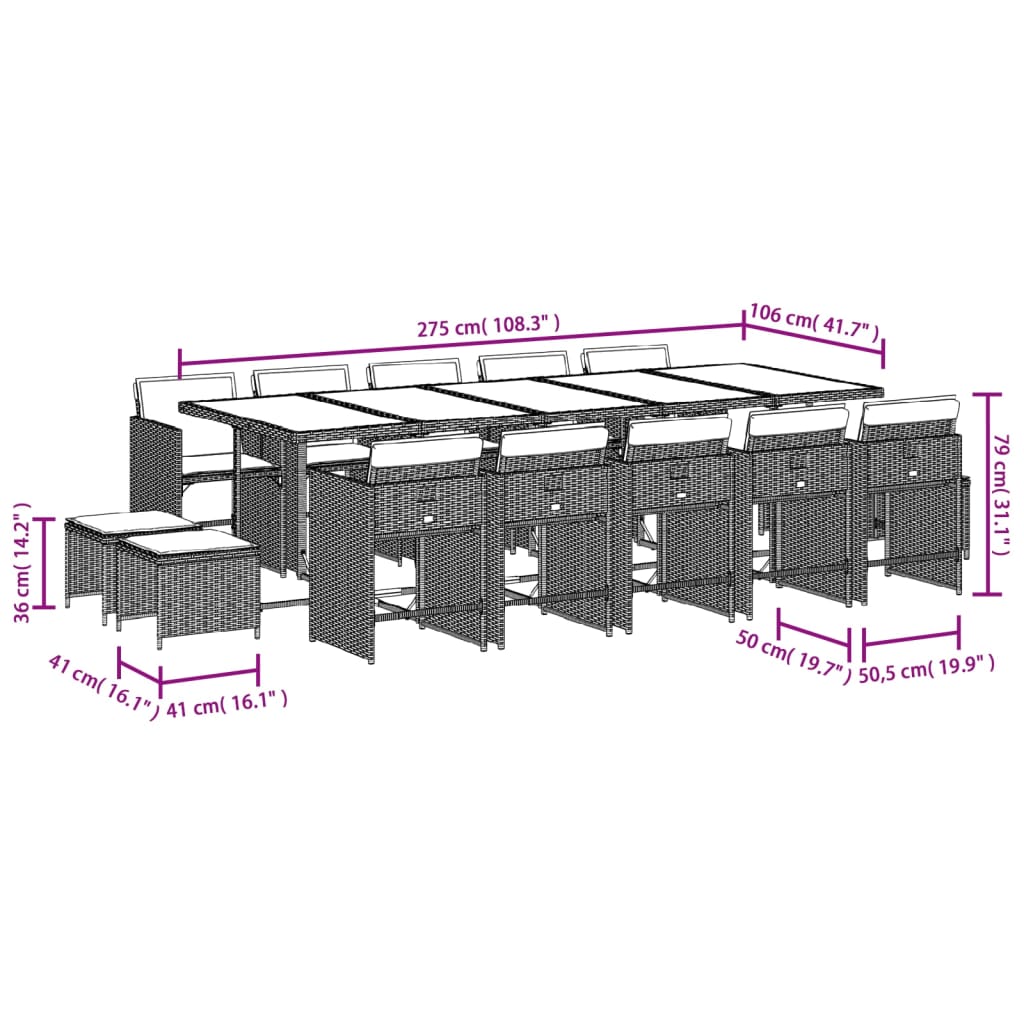 15-tlg. Garten-Essgruppe mit Kissen Beigemischung Poly Rattan