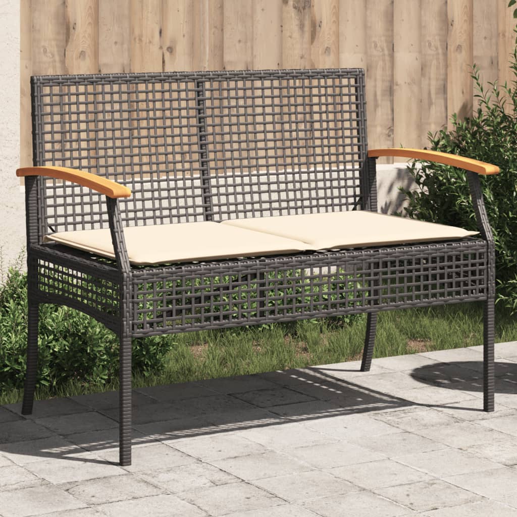 Gartenbank mit Kissen Schwarz Poly Rattan Akazienholz