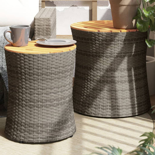 Garten-Beistelltisch 2 Stk. mit Holzplatte Grau Poly Rattan