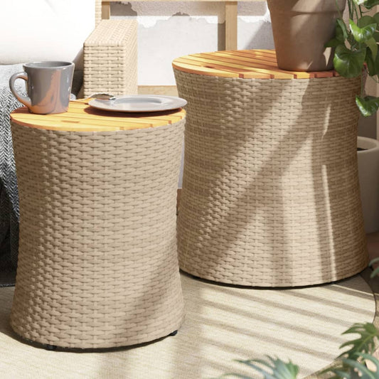 Garten-Beistelltisch 2 Stk. mit Holzplatte Beige Poly Rattan