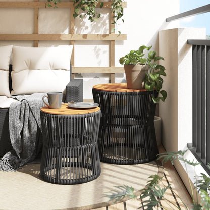 Garten-Beistelltisch 2 Stk. mit Holzplatte Schwarz Poly Rattan