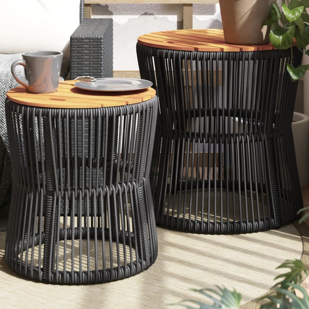 Garten-Beistelltisch 2 Stk. mit Holzplatte Schwarz Poly Rattan