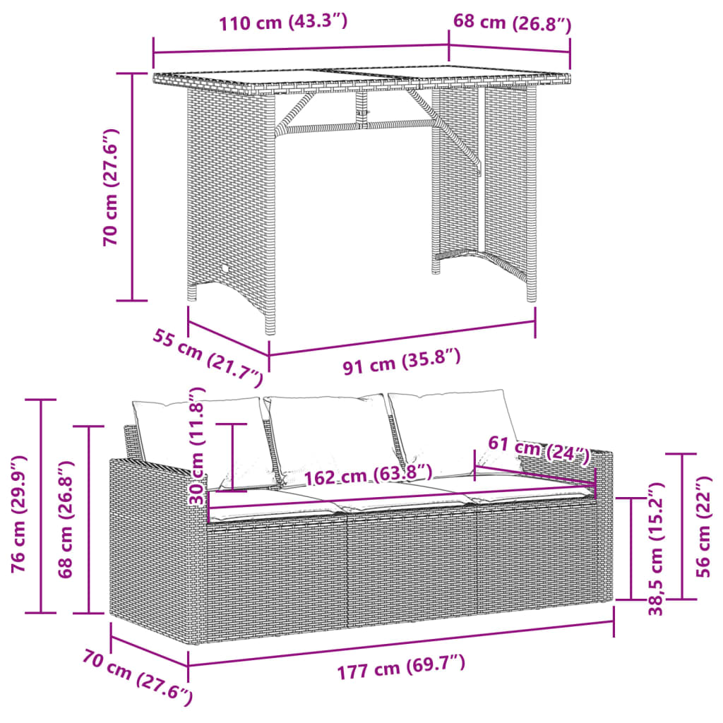 2-tlg. Garten-Essgruppe mit Kissen Braun Poly Rattan