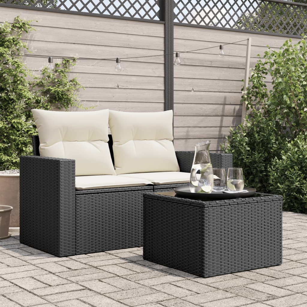 Garten-Couchtisch  mit Glasplatte Schwarz 55x55x37 cm Poly Rattan