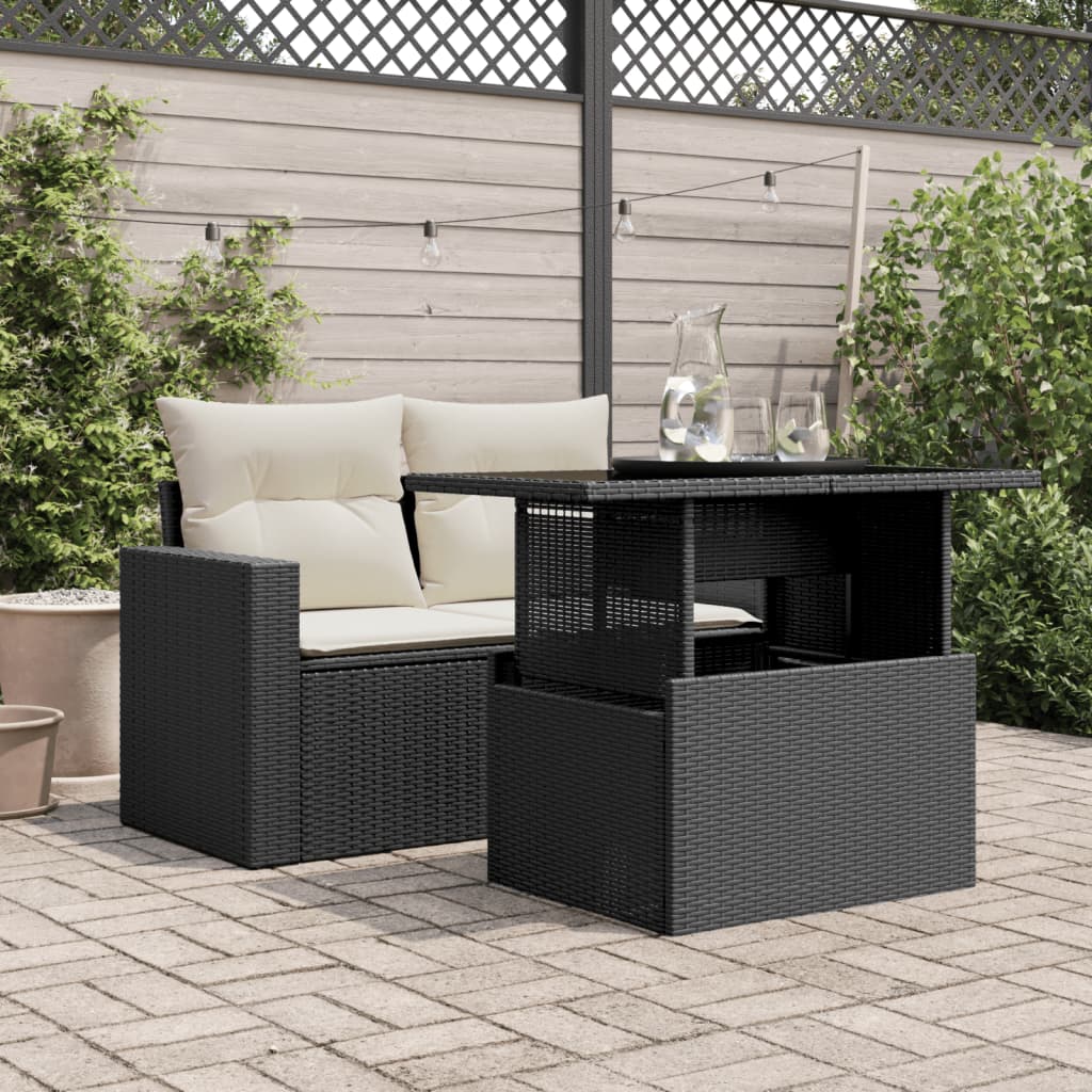 Garten-Couchtisch mit Glasplatte Schwarz 100x55x73 cm Poly Rattan