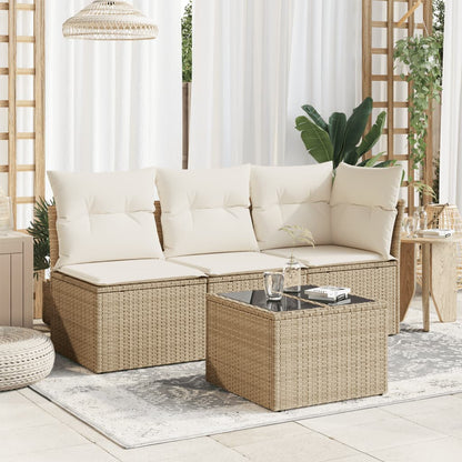 Garten-Couchtisch  mit Glasplatte Beige 55x55x37 cm Poly Rattan