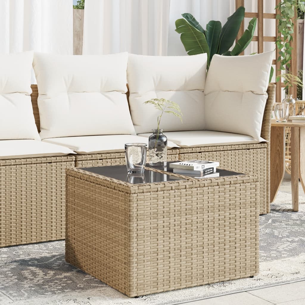 Garten-Couchtisch  mit Glasplatte Beige 55x55x37 cm Poly Rattan