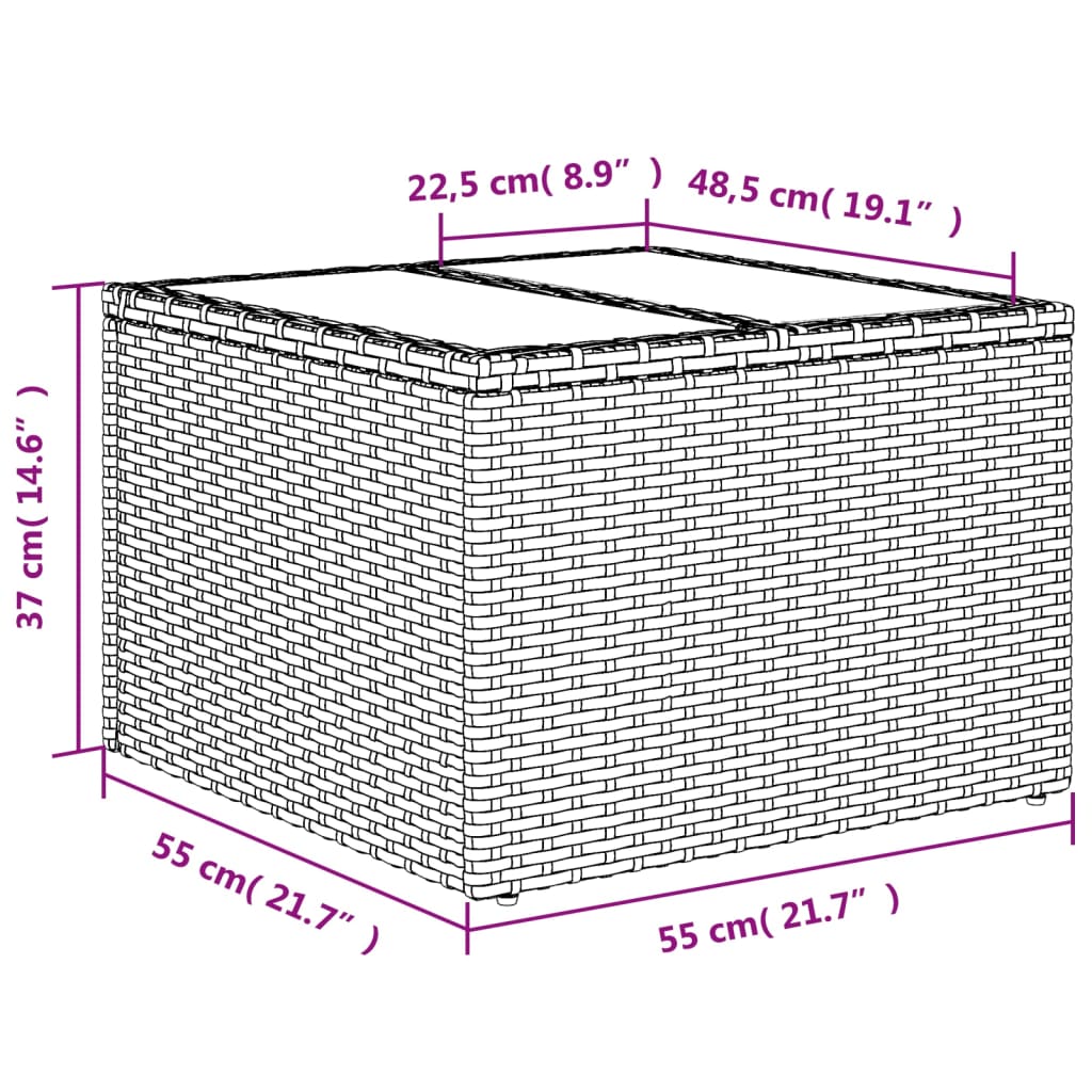 Garten-Couchtisch mit Glasplatte Grau 55x55x37 cm Poly Rattan