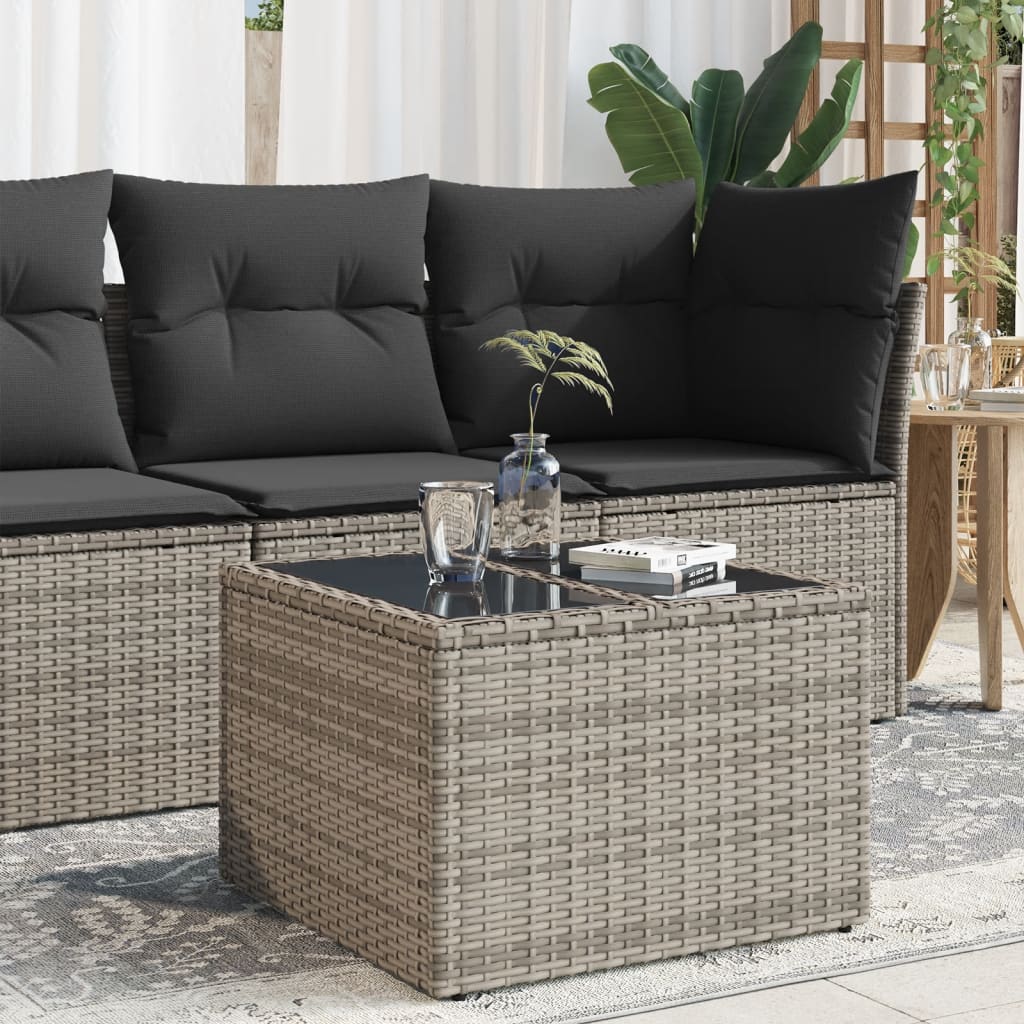 Garten-Couchtisch mit Glasplatte Grau 55x55x37 cm Poly Rattan