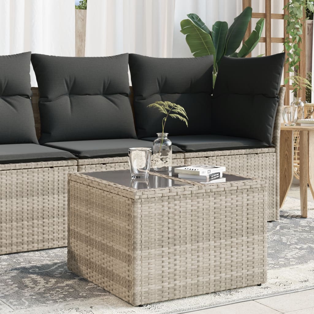 Garten-Couchtisch Glasplatte Hellgrau 55x55x37 cm Poly Rattan