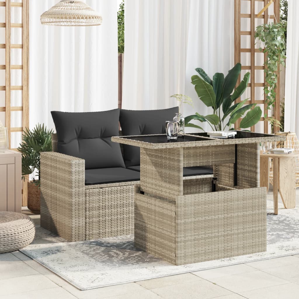 Garten-Couchtisch  mit Glasplatte Hellgrau 100x55x73 cm Poly Rattan