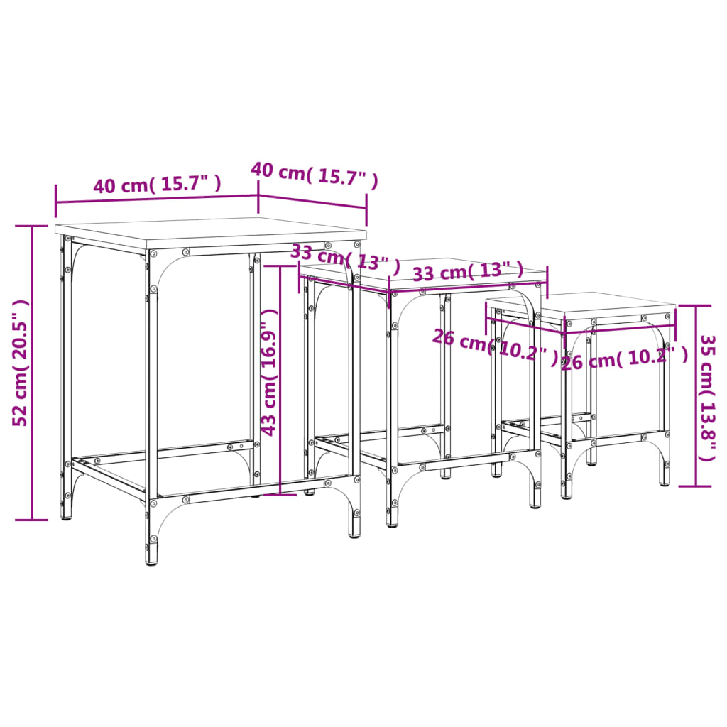 Tables gigognes 3 pcs. Matériau bois aspect chêne brun.