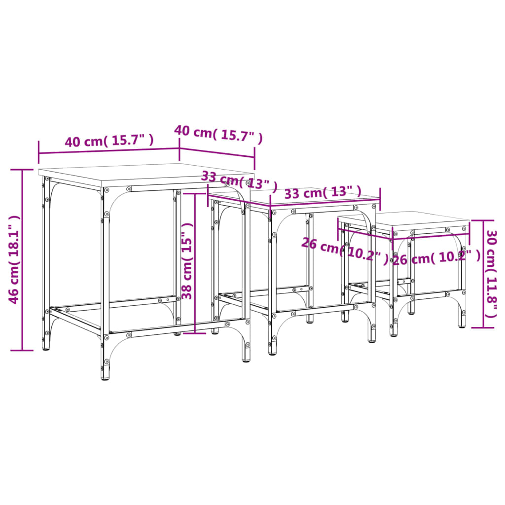 Tables gigognes 3 pcs. Matériau bois aspect chêne brun.