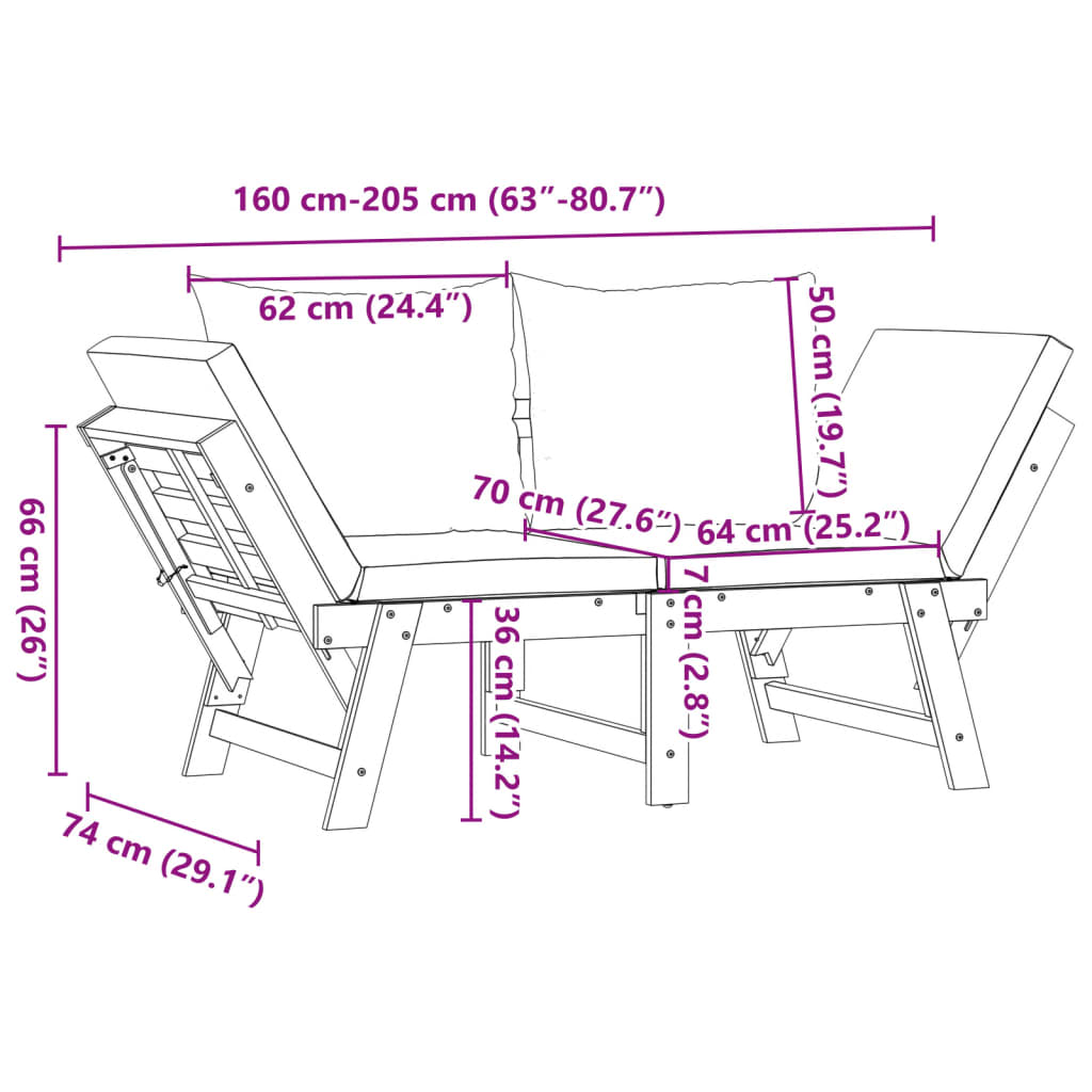 Banc de jardin avec coussins 2 en 1 en bois d'acacia massif