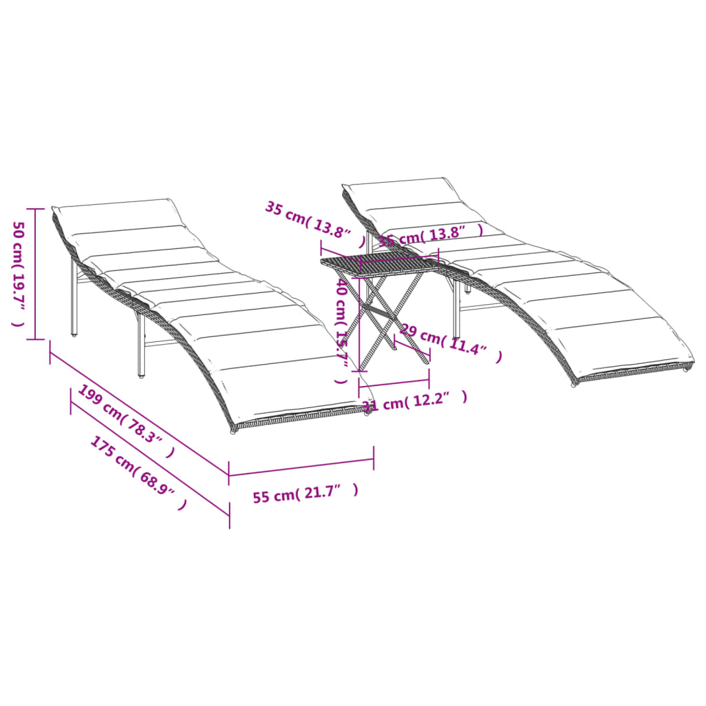 Sonnenliegen 2 Stk. mit Tisch Schwarz Poly Rattan