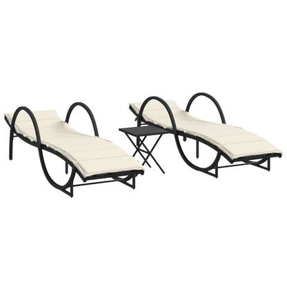 Chaises longues 2 pcs avec table en polyrotin noir