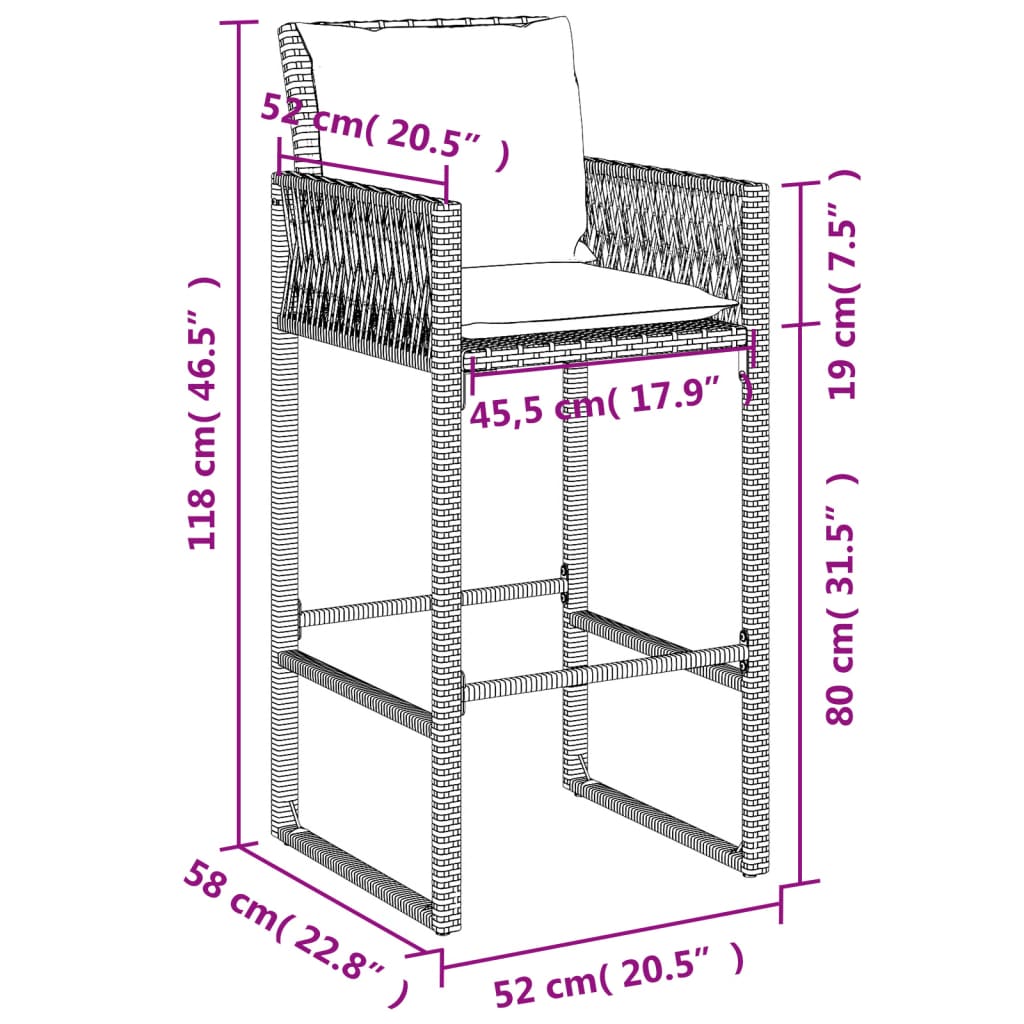 Tabourets de bar de jardin avec coussins 2 pcs Poly rotin marron