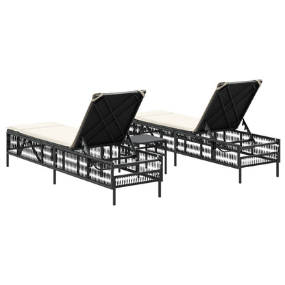 Chaises longues 2 pcs avec table en polyrotin noir