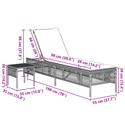 Chaises longues 2 pcs avec table en polyrotin noir