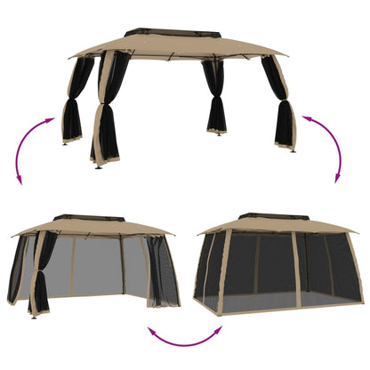 Pavillon mit Doppeldach & Netzwänden Taupe 3,93x2,93 m Stahl