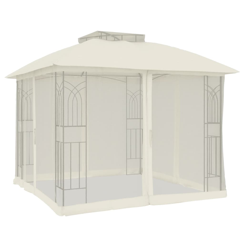 Pavillon mit Doppeldach & Netzwänden Creme 2,94x2,94 m Stahl