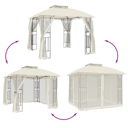 Pavillon mit Doppeldach & Netzwänden Creme 2,94x2,94 m Stahl