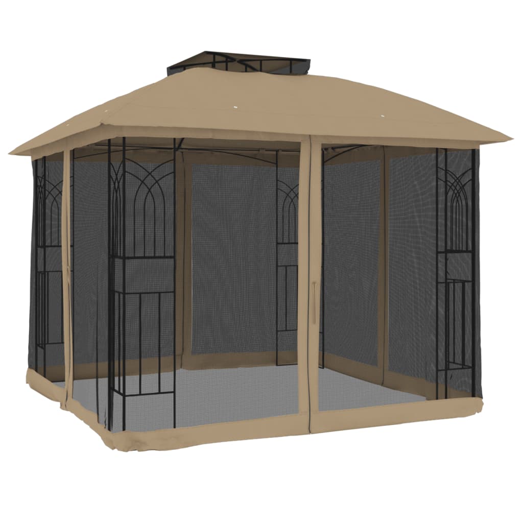 Pavillon mit Doppeldach & Netzwänden Taupe 2,94x2,94 m Stahl