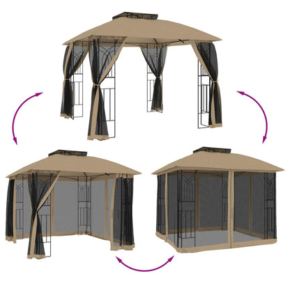 Pavillon mit Doppeldach & Netzwänden Taupe 2,94x2,94 m Stahl