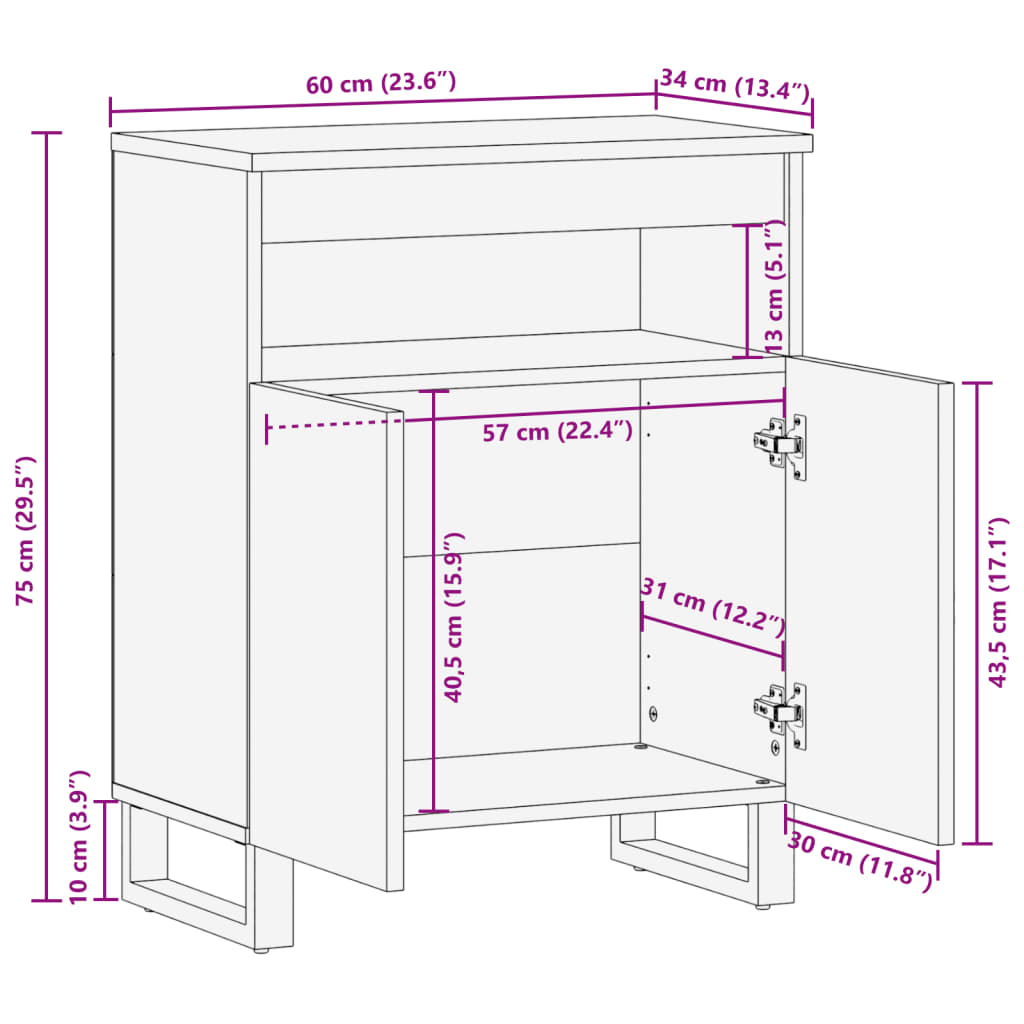 Sideboard 60x34x75 cm Raues Massives Mangoholz