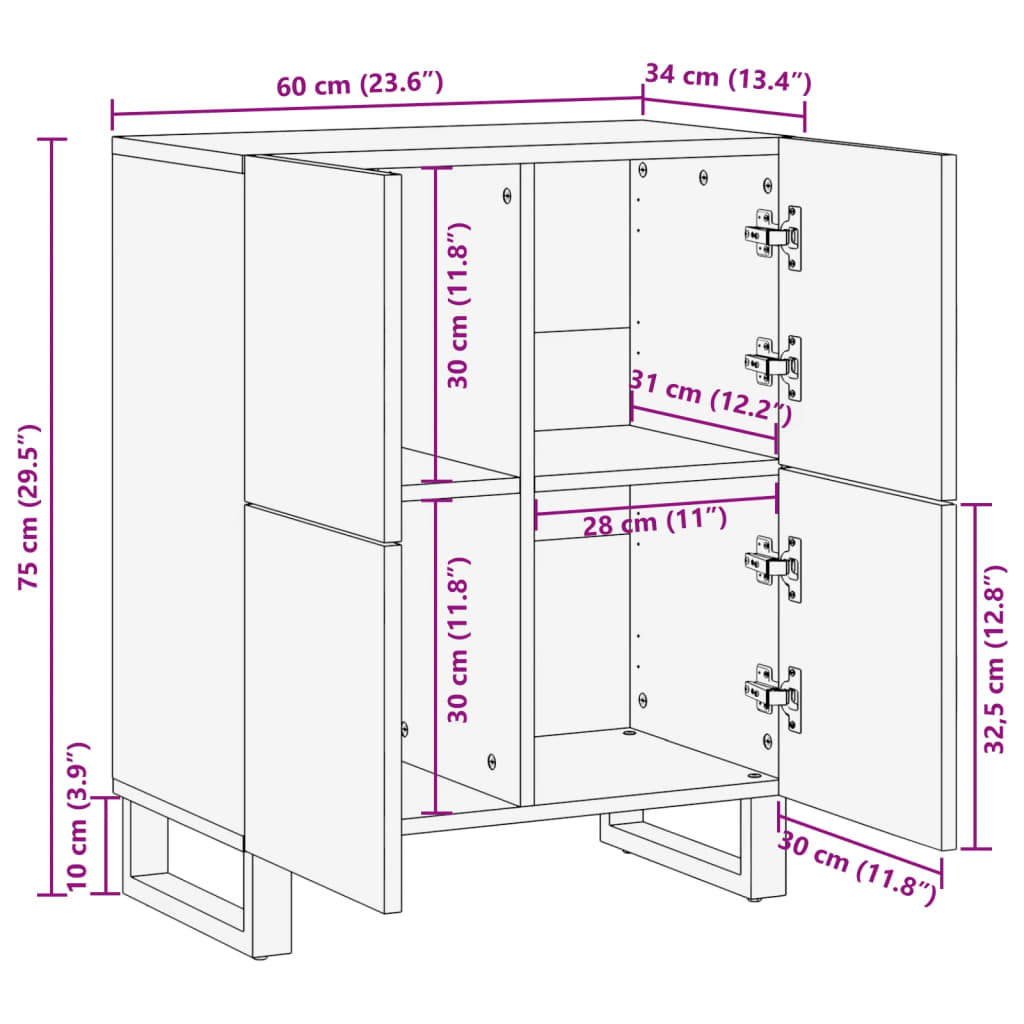 Sideboard 60x34x75 cm Raues Massives Mangoholz