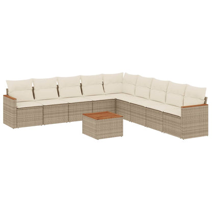 10-tlg. Garten-Sofagarnitur mit Kissen Beige Poly Rattan