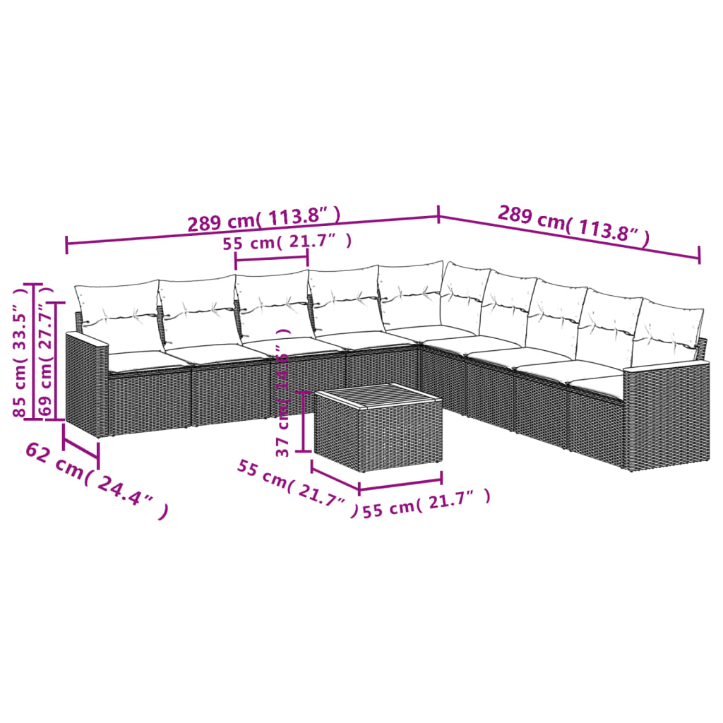 10-tlg. Garten-Sofagarnitur mit Kissen Beige Poly Rattan