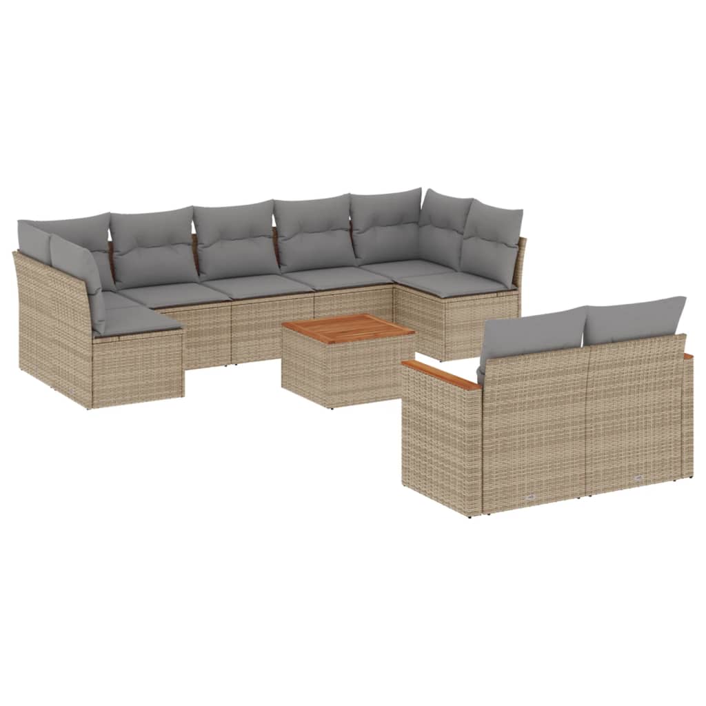 10-tlg. Garten-Sofagarnitur mit Kissen Beige Poly Rattan