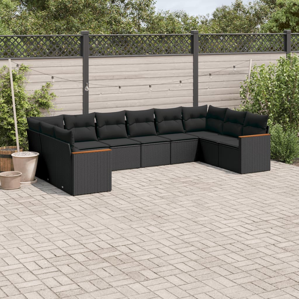 10-tlg. Garten-Sofagarnitur mit Kissen Schwarz Poly Rattan