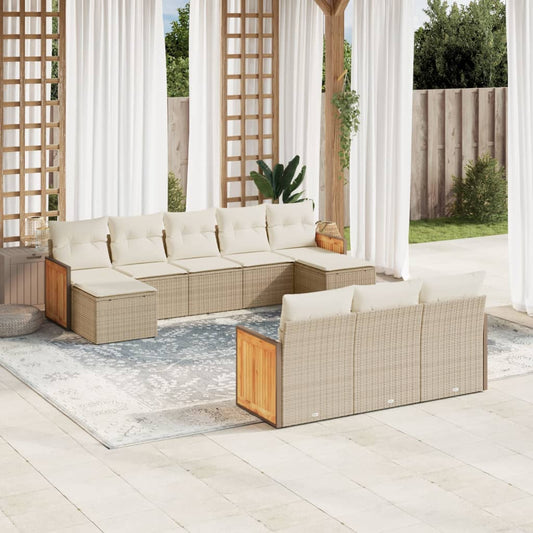 10-tlg. Garten-Sofagarnitur mit Kissen Beige Poly Rattan