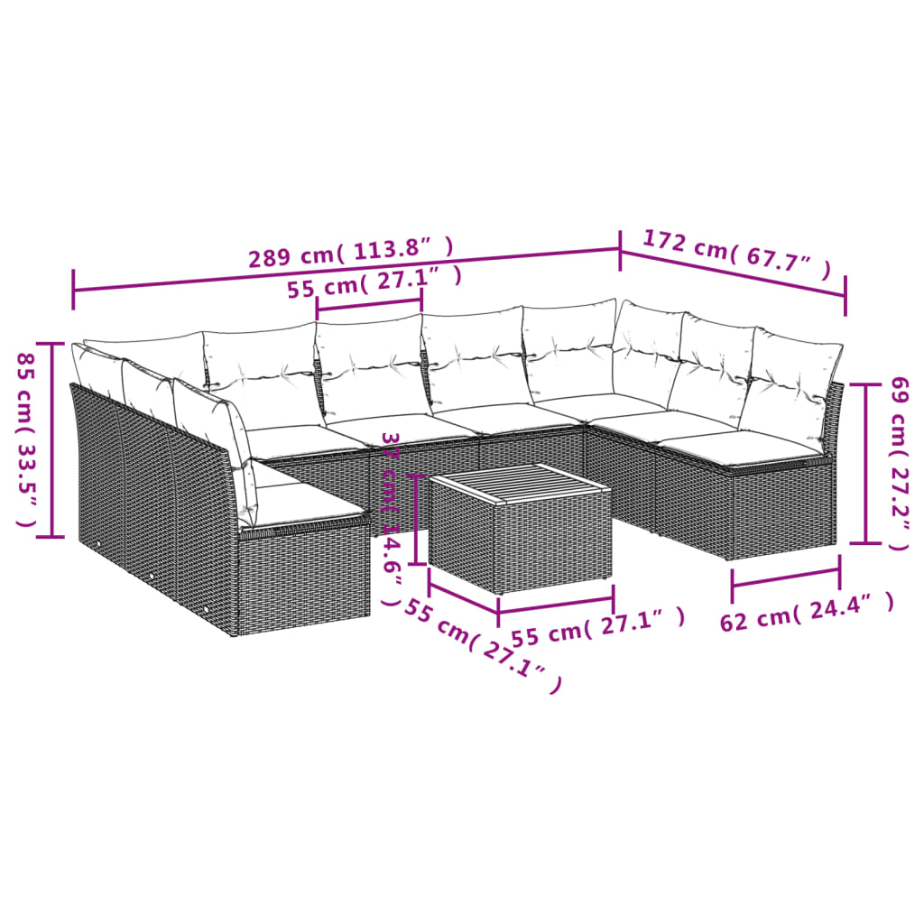 10-tlg. Garten-Sofagarnitur mit Kissen Beige Poly Rattan