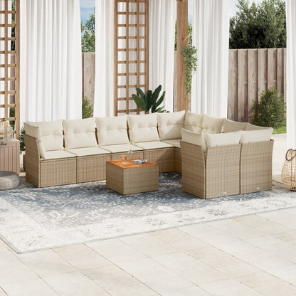 10-tlg. Garten-Sofagarnitur mit Kissen Beige Poly Rattan