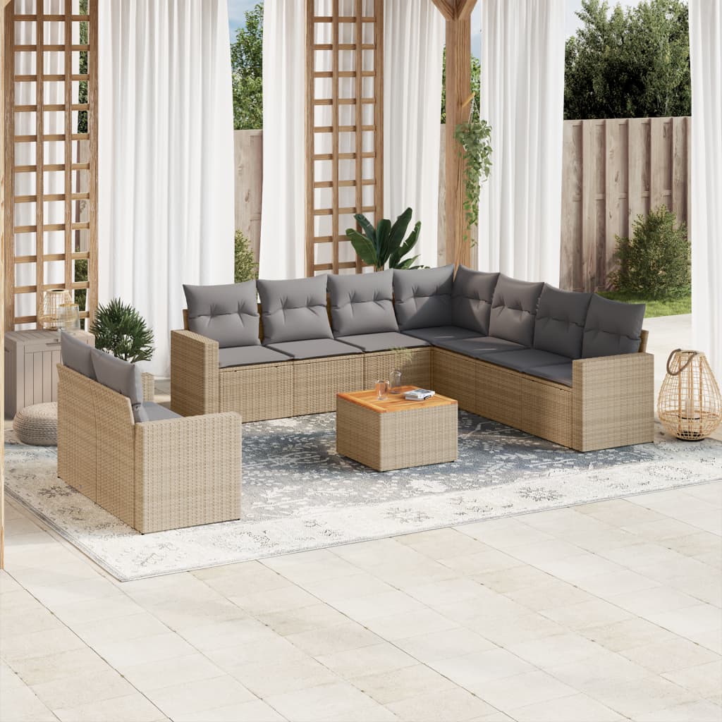 10-tlg. Garten-Sofagarnitur mit Kissen Beige Poly Rattan