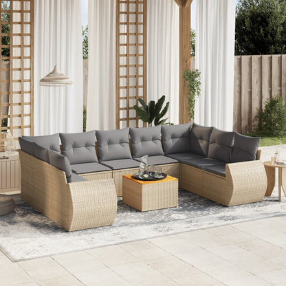 10-tlg. Garten-Sofagarnitur mit Kissen Beige Poly Rattan