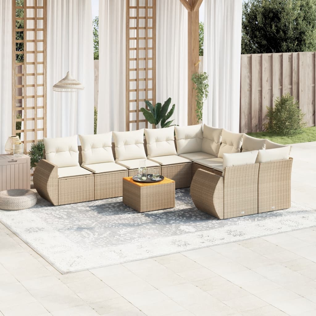 10-tlg. Garten-Sofagarnitur mit Kissen Beige Poly Rattan