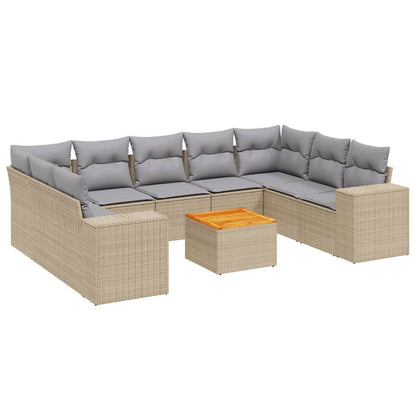 10-tlg. Garten-Sofagarnitur mit Kissen Beige Poly Rattan