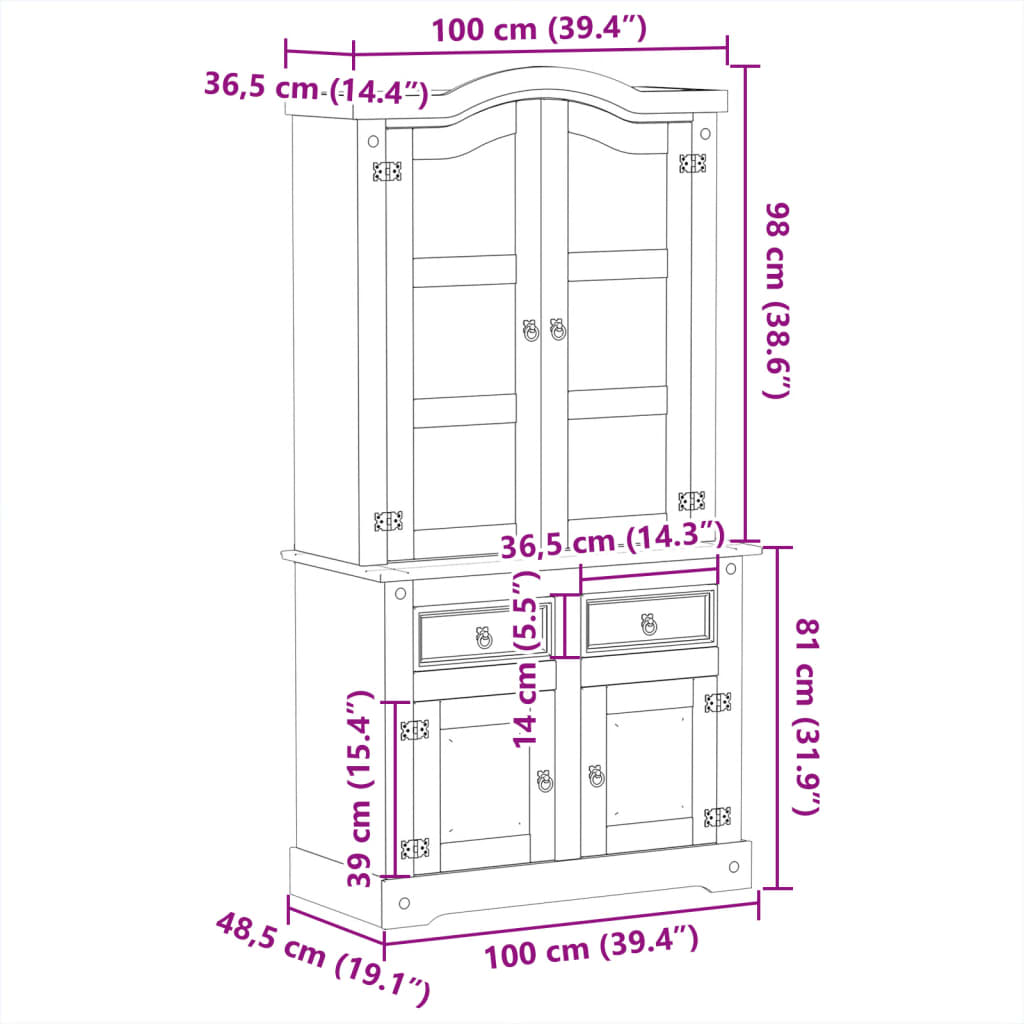 Vitrine Corona 100x48,5x179 cm Massivholz Kiefer