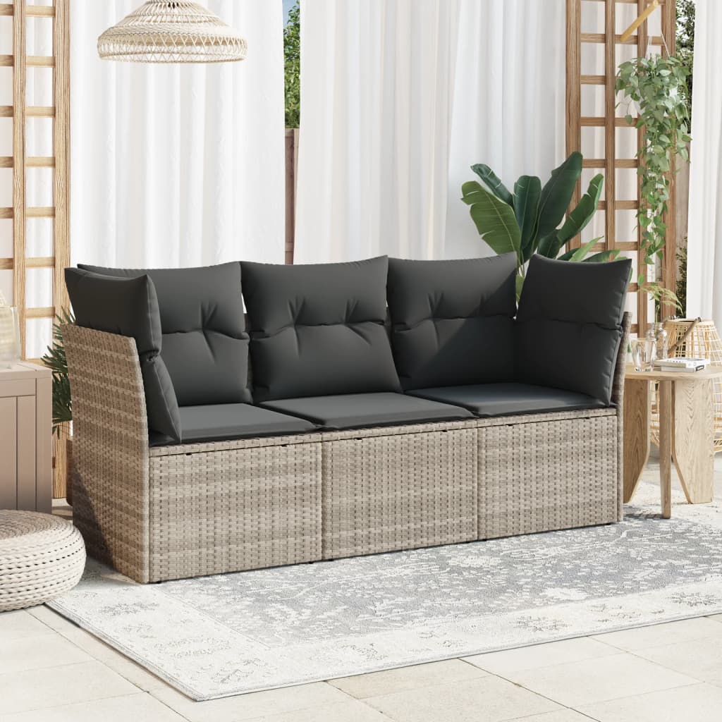 3-tlg. Garten-Sofagarnitur mit Kissen Hellgrau Poly Rattan